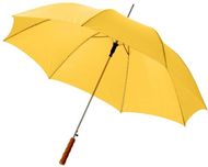 23" Lisa-sateenvarjo puukahvalla, automaattisesti avautuva, keltainen liikelahja logopainatuksella
